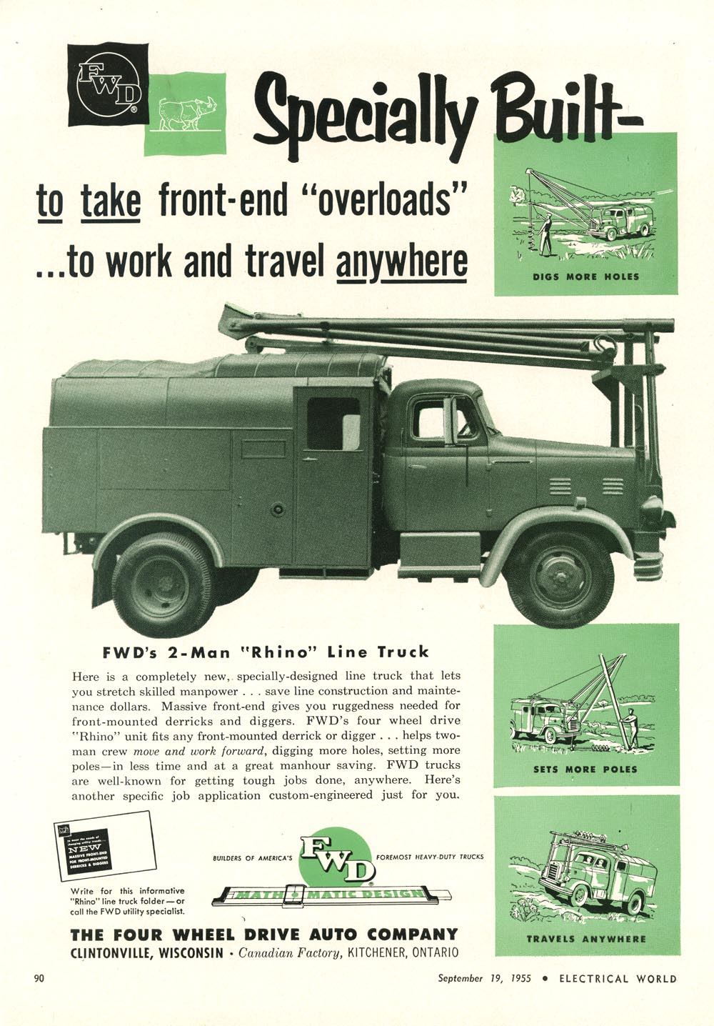 advertisement for Four Wheel Drive Auto Company two-man utility line truck