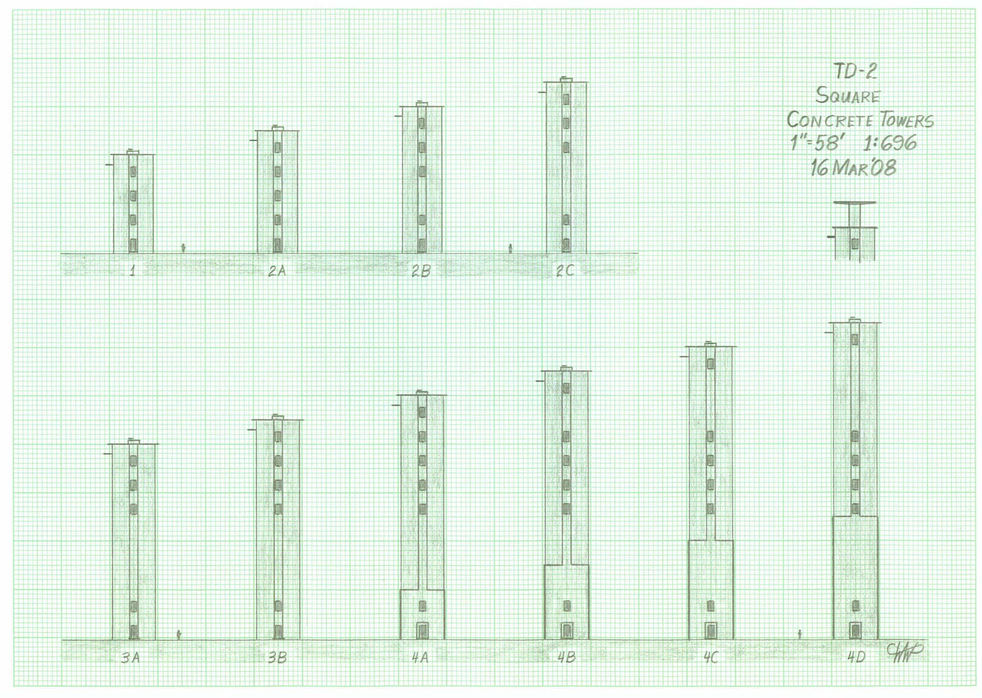 Scaled drawings of AT&T concrete microwave tower types